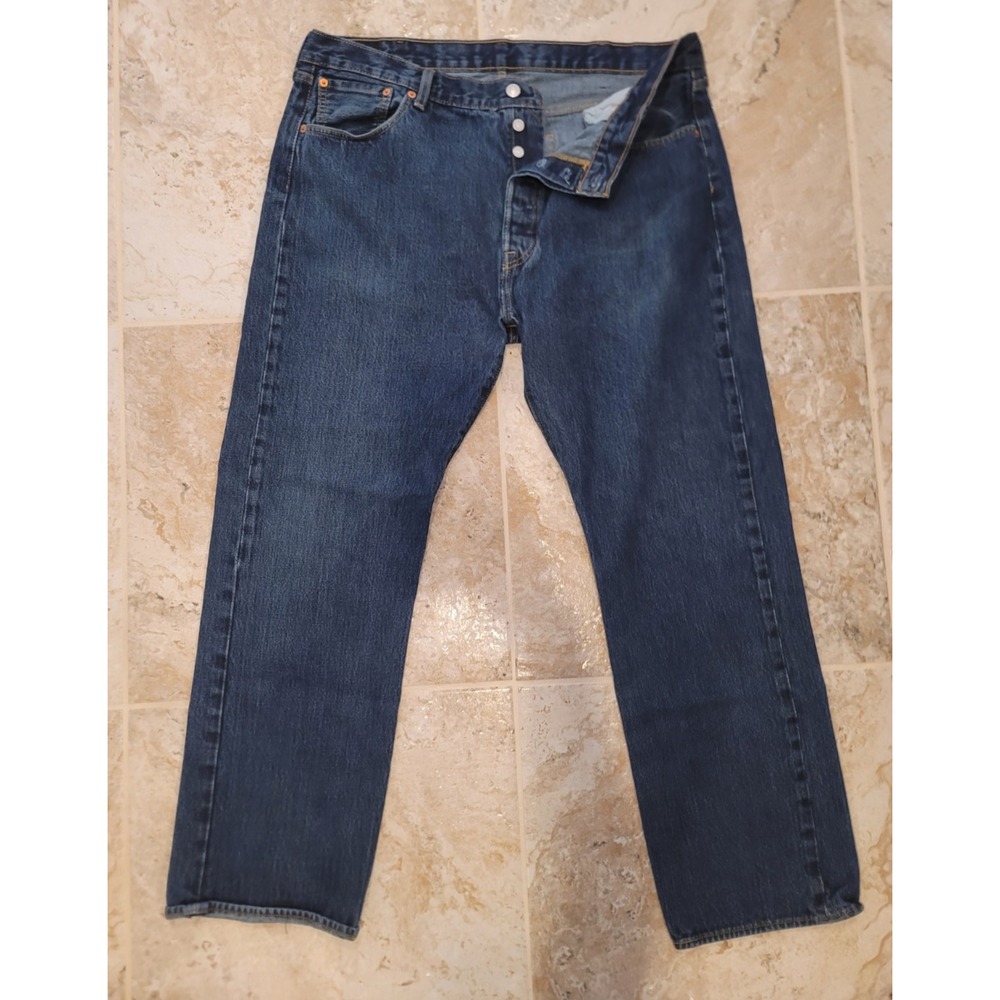 Levis Mens 501 Straight Leg Jeans 40x32 Blue Dark Wash Denim Button Fly